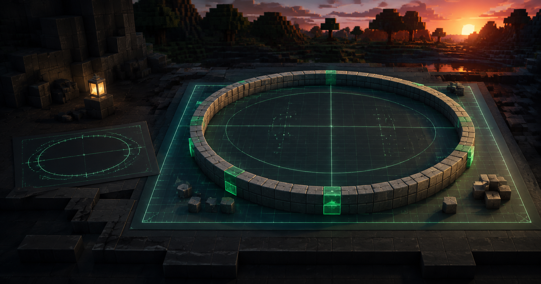 Voxel block circle arranged over a glowing construction blueprint with an ellipse plan nearby
