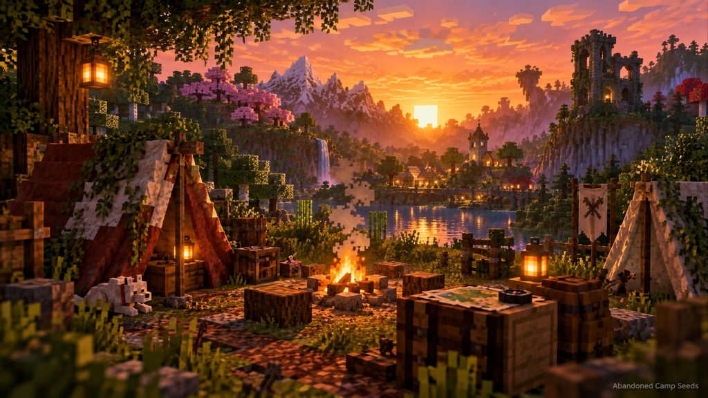 Ten Minecraft 26.3 Abandoned Camp seeds compared with coordinates and nearby structures
