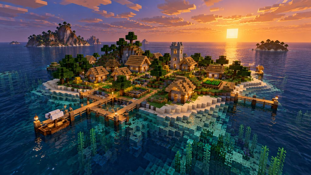 Editorial illustration of a Minecraft village island surrounded by ocean