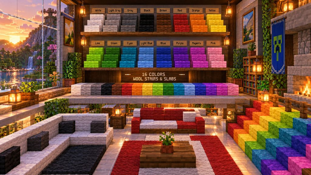 Minecraft wool stairs and slabs in all 16 colors
