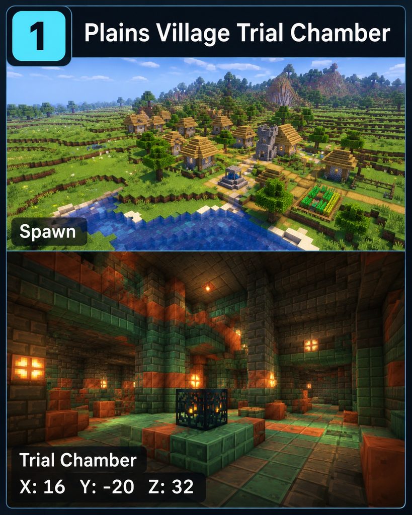 Split view of a plains village spawn and a Trial Chamber room labeled X 16, Y -20, Z 32