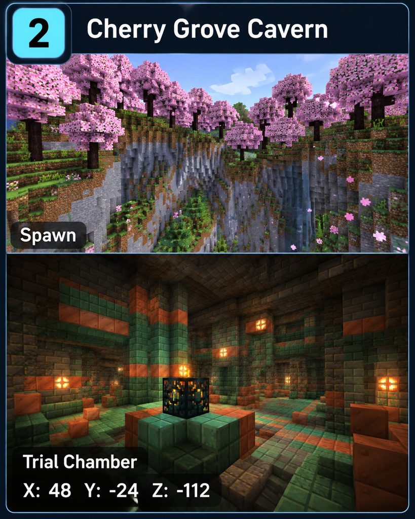 Split view of a Cherry Grove ravine spawn and a Trial Chamber room labeled X 48, Y -24, Z -112