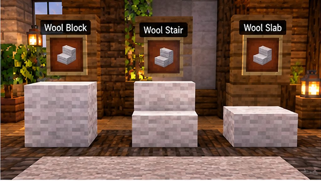 Wool stairs and slabs shown as decorative Minecraft blocks
