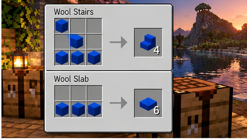 Minecraft wool stairs and slabs crafting recipes