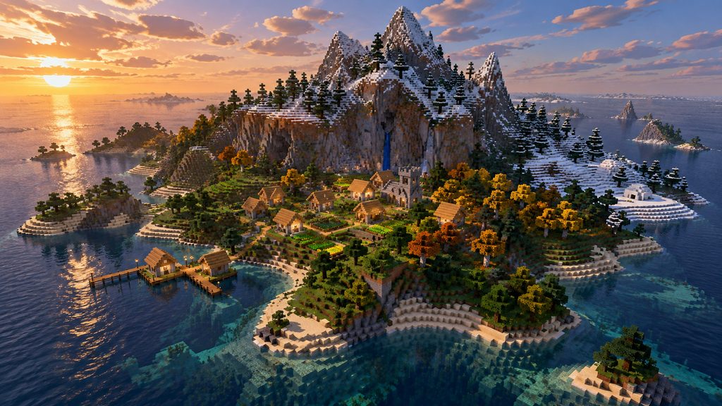 Editorial illustration of a river island village beside colorful forest