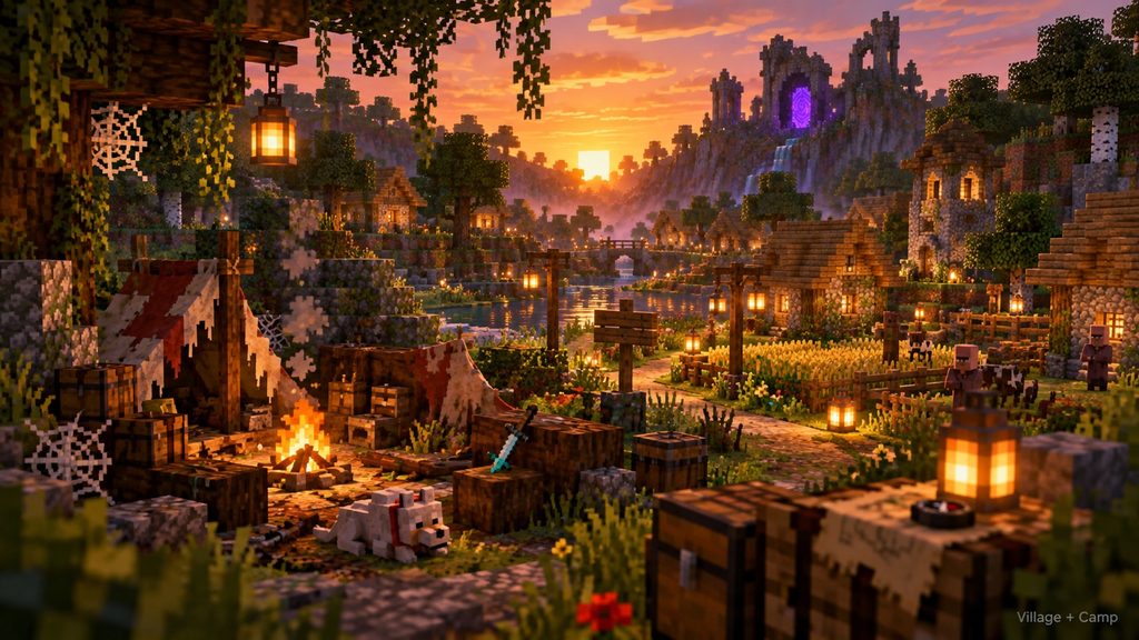 Village and nearby Abandoned Camp in Minecraft Java 26.3 seed 28648995047878