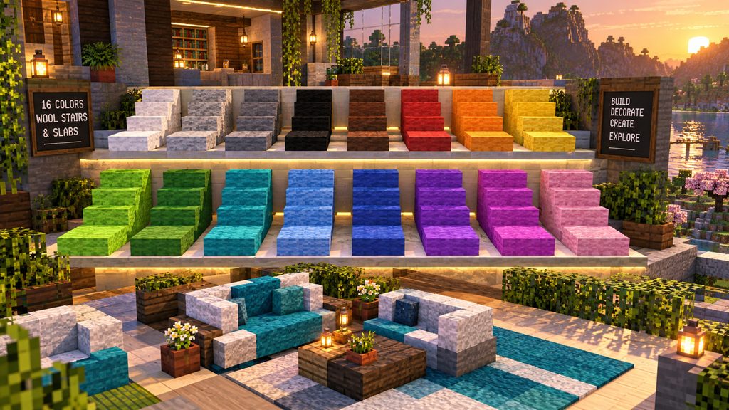 All 16 Minecraft wool stair and slab colors