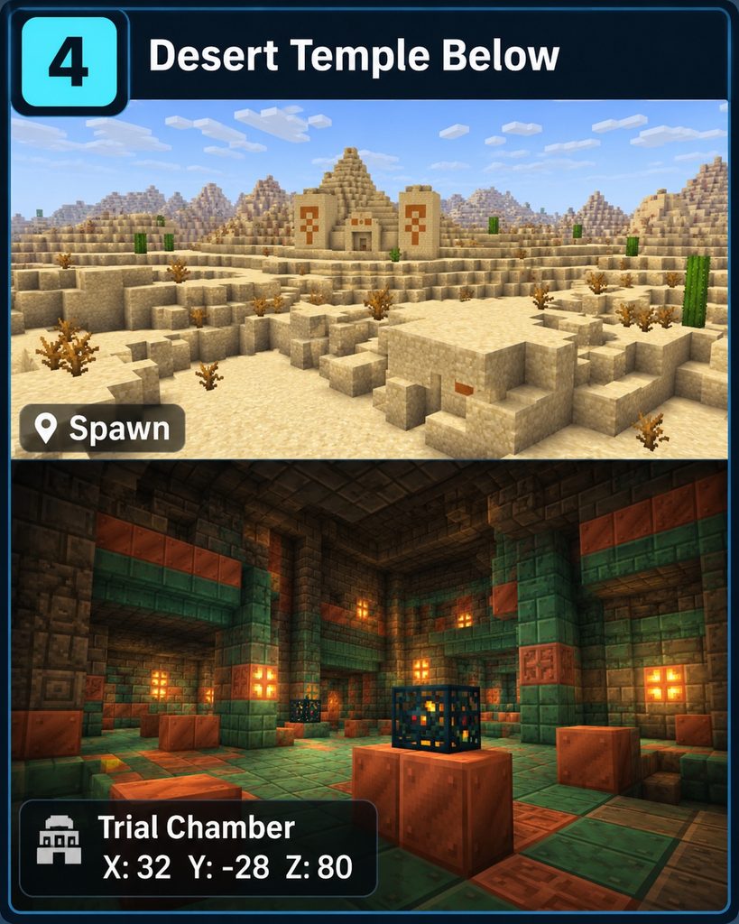 Split view of a desert temple at spawn and a Trial Chamber room labeled X 32, Y -28, Z 80