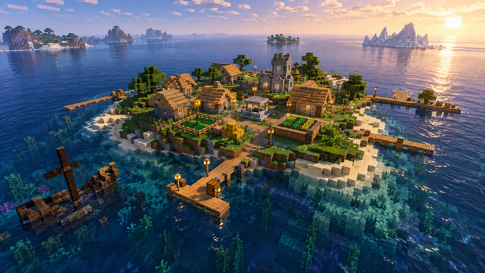 Editorial illustration of an isolated plains village island