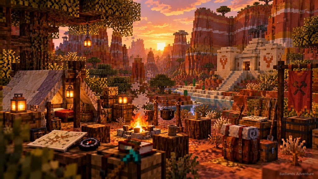 Badlands and Abandoned Camp landscape in Minecraft Java 26.3 seed 63220952961244