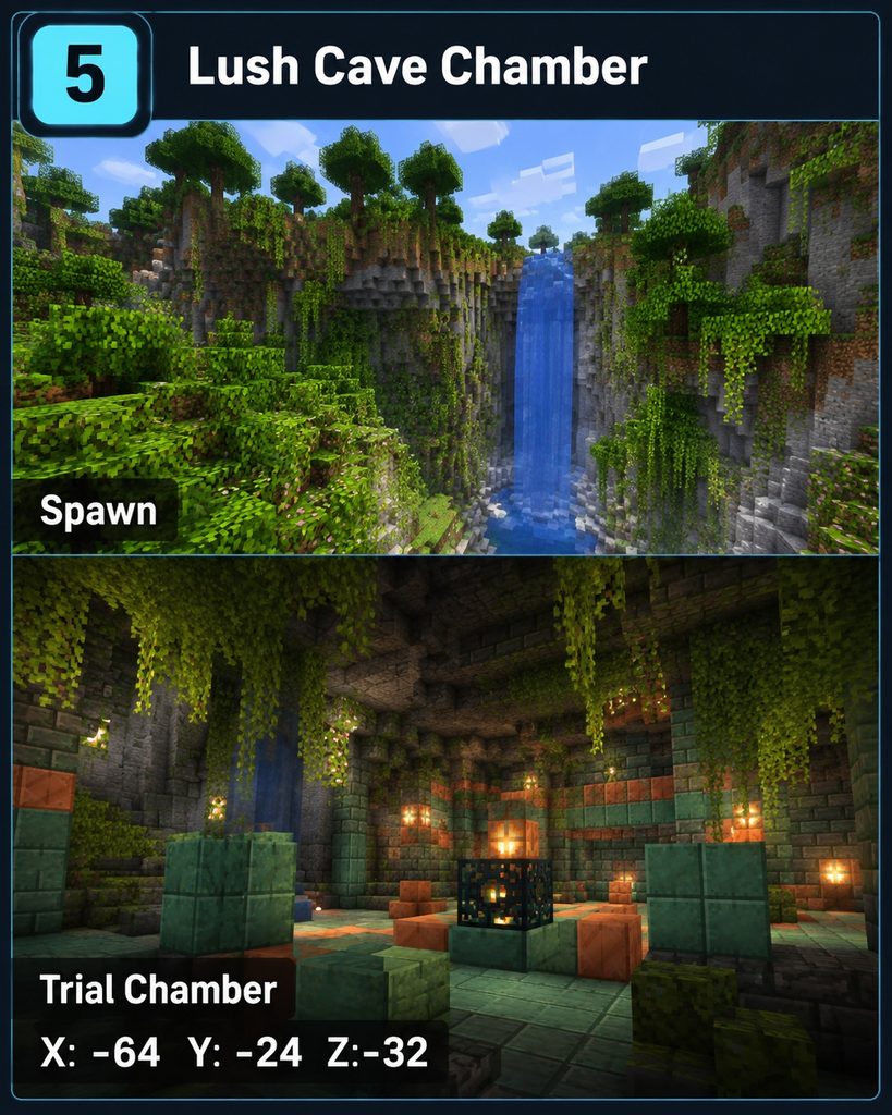 Split view of a lush cave waterfall at spawn and a vine-covered Trial Chamber room labeled X -64, Y -24, Z -32