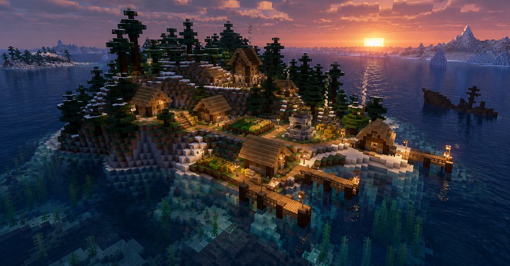 Editorial illustration of a taiga village on an island