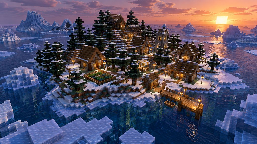 Editorial illustration of a snowy taiga village island in a frozen ocean
