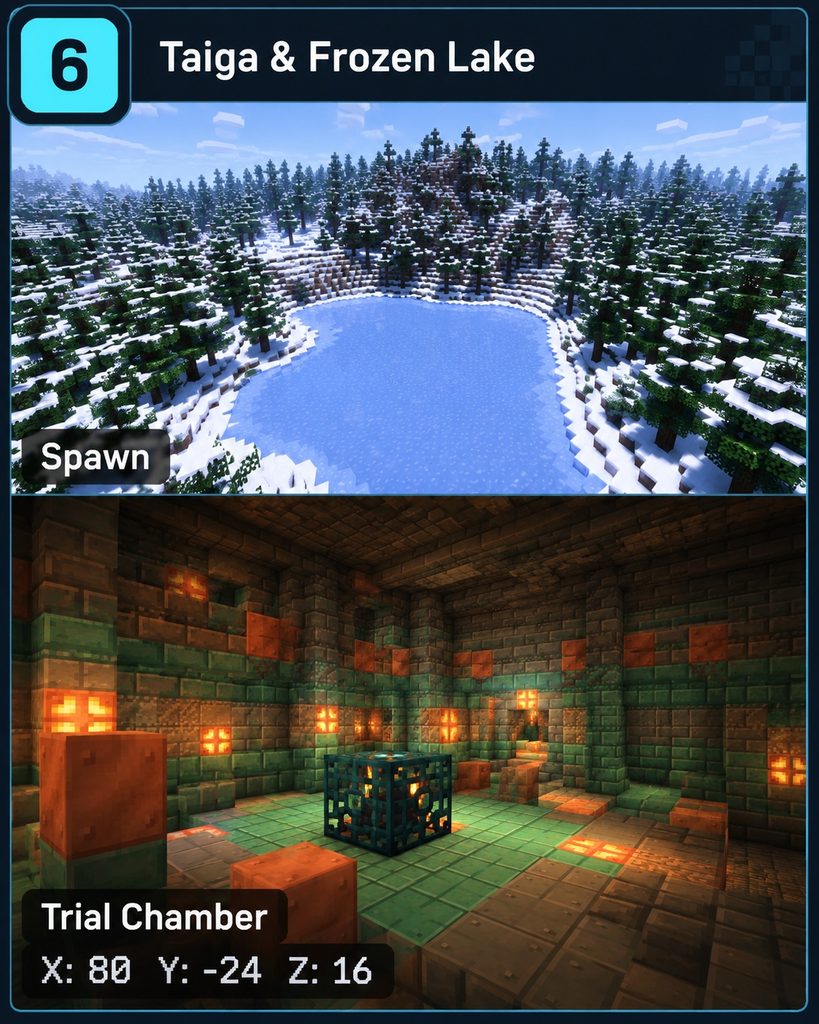 Split view of a snowy taiga lake at spawn and a Trial Chamber room labeled X 80, Y -24, Z 16