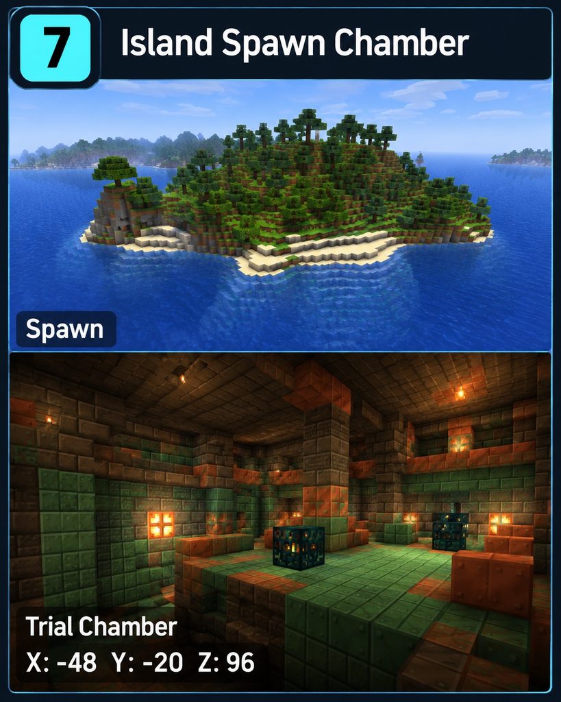 Split view of a forested survival island at spawn and a Trial Chamber room labeled X -48, Y -20, Z 96