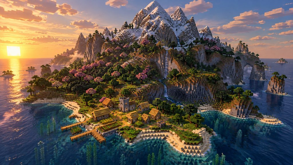 Editorial illustration of a savanna village island