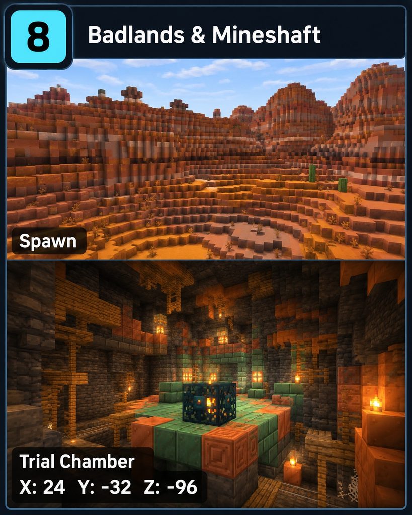 Split view of Badlands terrain at spawn and a mineshaft-connected Trial Chamber room labeled X 24, Y -32, Z -96