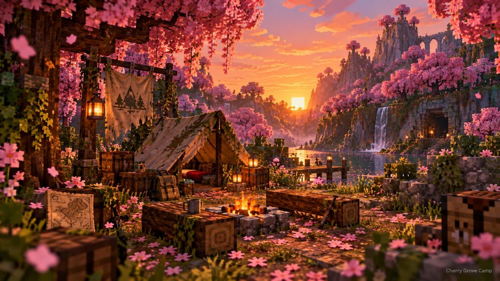 Cherry Grove near an Abandoned Camp in Minecraft Java 26.3 seed 22703386788413