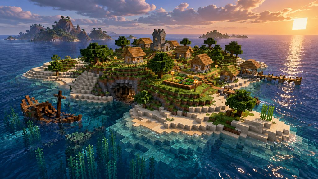 Editorial illustration of a coastal village island with ocean access