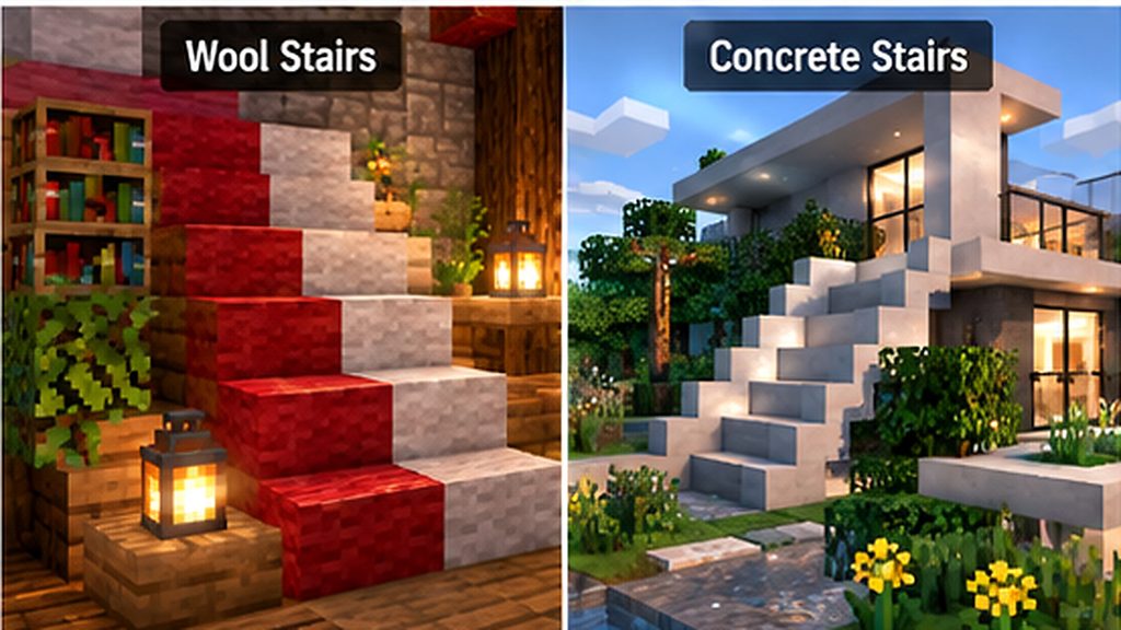 Comparison of wool stairs and concrete stairs in Minecraft