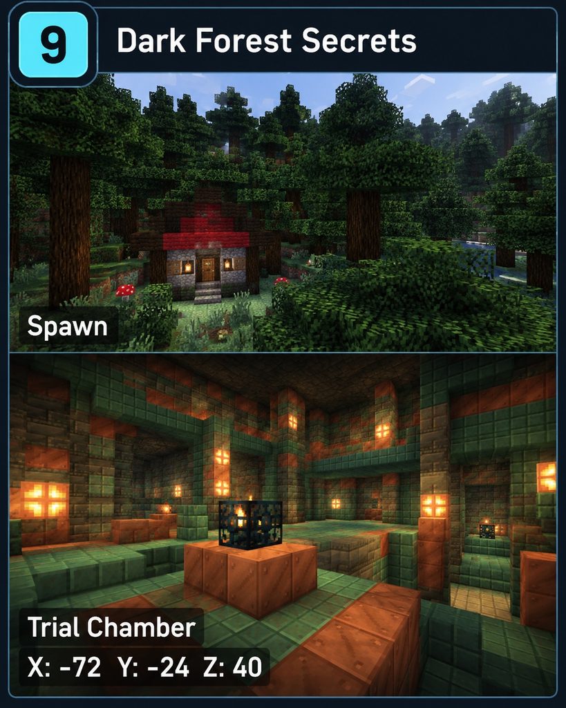 Split view of a Dark Forest house at spawn and a Trial Chamber room labeled X -72, Y -24, Z 40