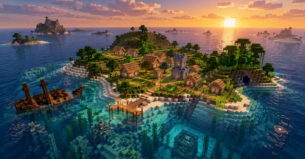 Editorial illustration of a Bedrock survival island village