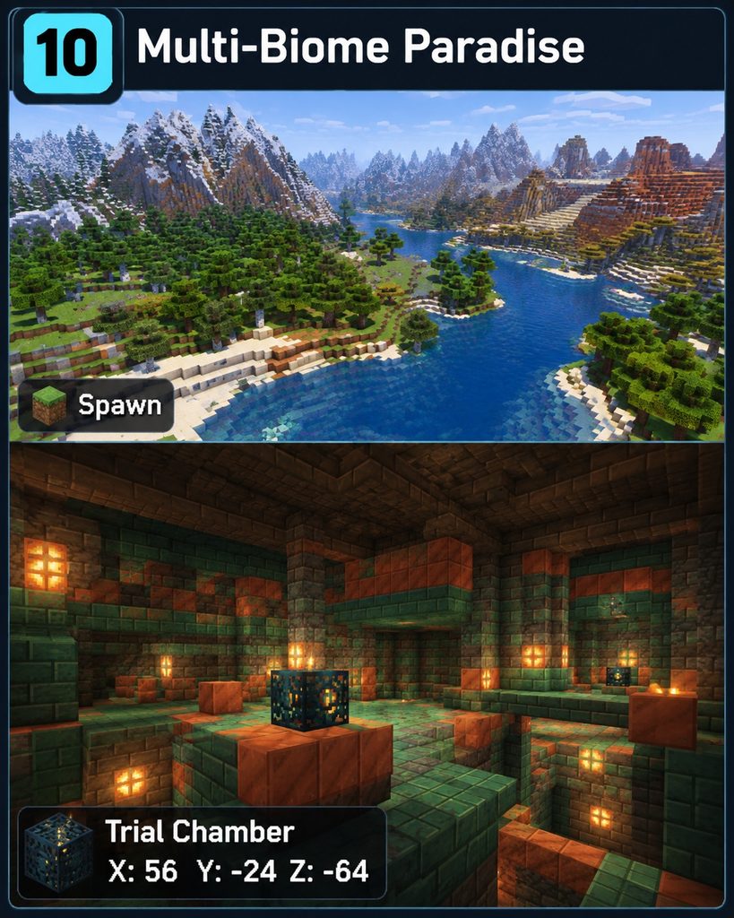 Split view of forest, snowy peaks and Badlands at spawn above a Trial Chamber room labeled X 56, Y -24, Z -64