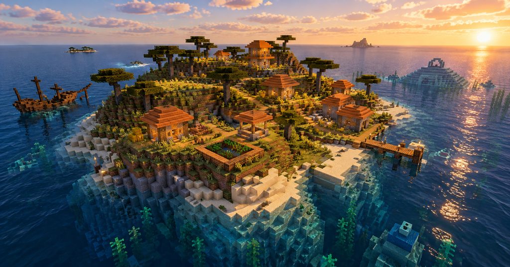 Editorial illustration of a giant mountain village island