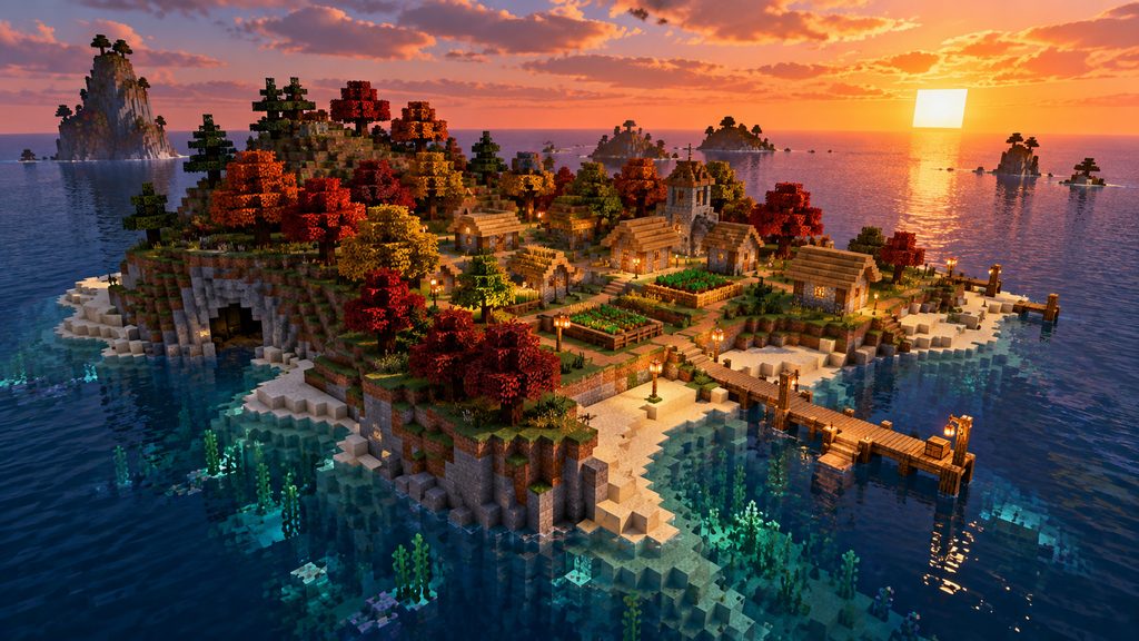 Editorial illustration of a village island beside dappled forest