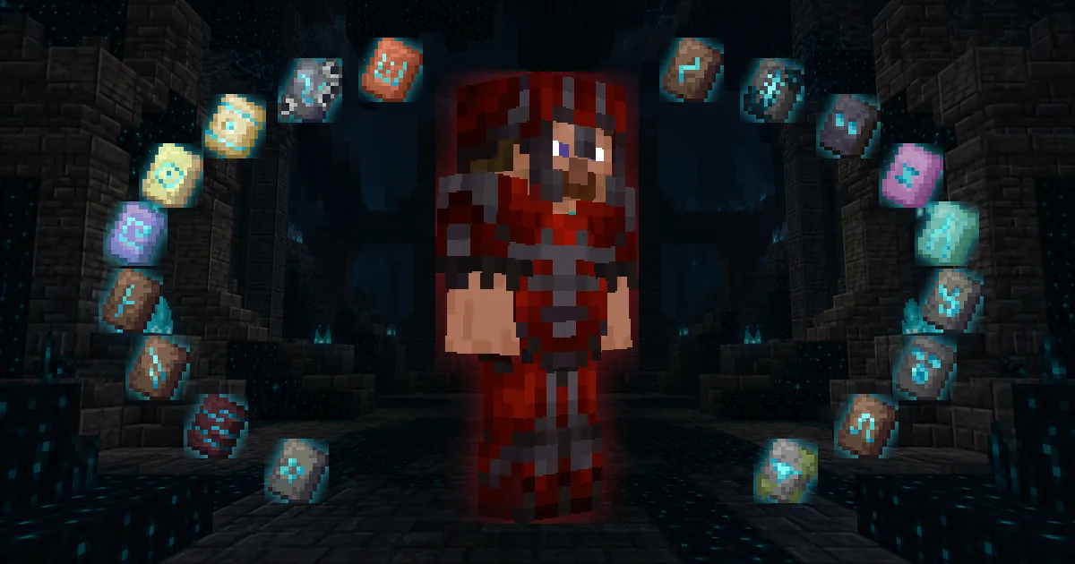 Steve wearing netherite armor with red Silence trim, surrounded by all 18 Minecraft armor trim templates