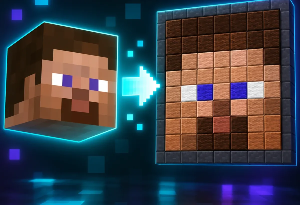 Minecraft Pixel Art Generator converting a Steve head into a block mosaic