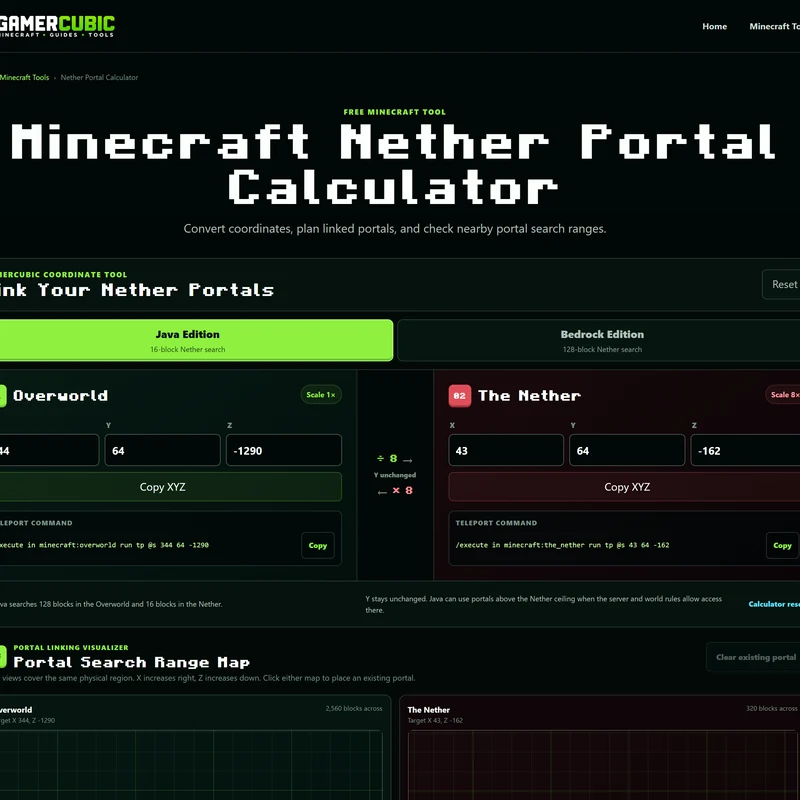 Minecraft Nether Portal Calculator showing Overworld and Nether coordinate conversion