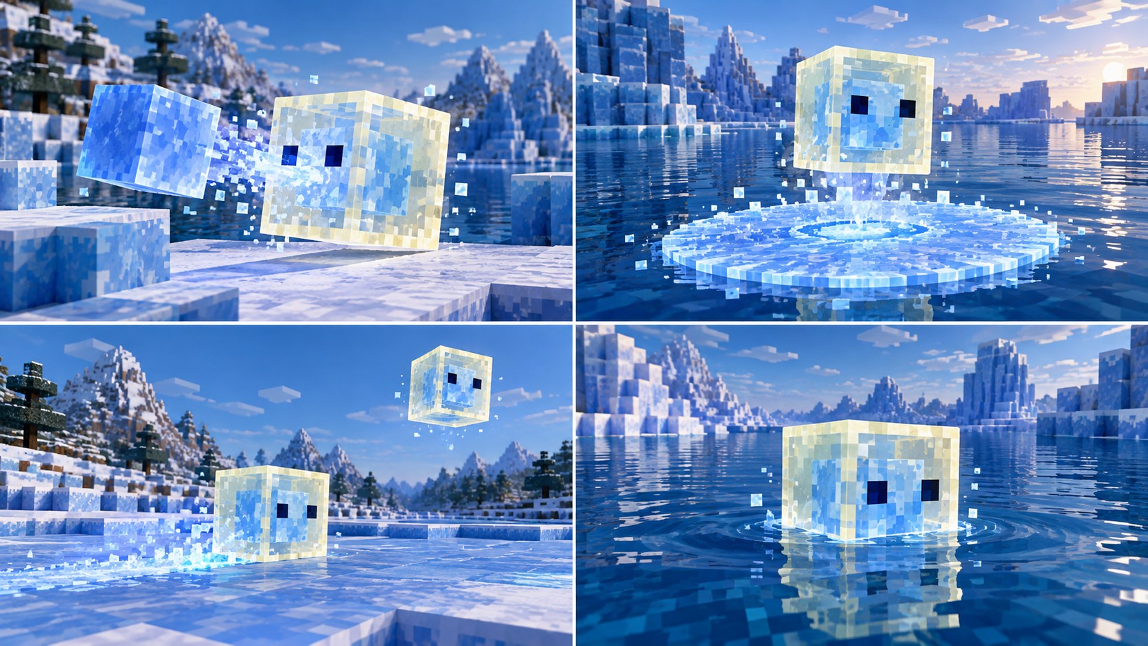Four illustrated Cold Sulfur Cube tests covering Blue Ice, Frosted Ice, ground starts and buoyancy