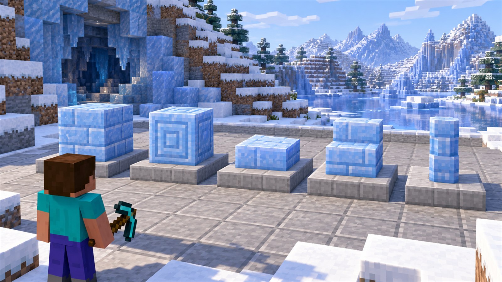 Packed Ice Bricks, chiseled blocks, slabs, stairs and walls arranged on a snowy Minecraft testing platform