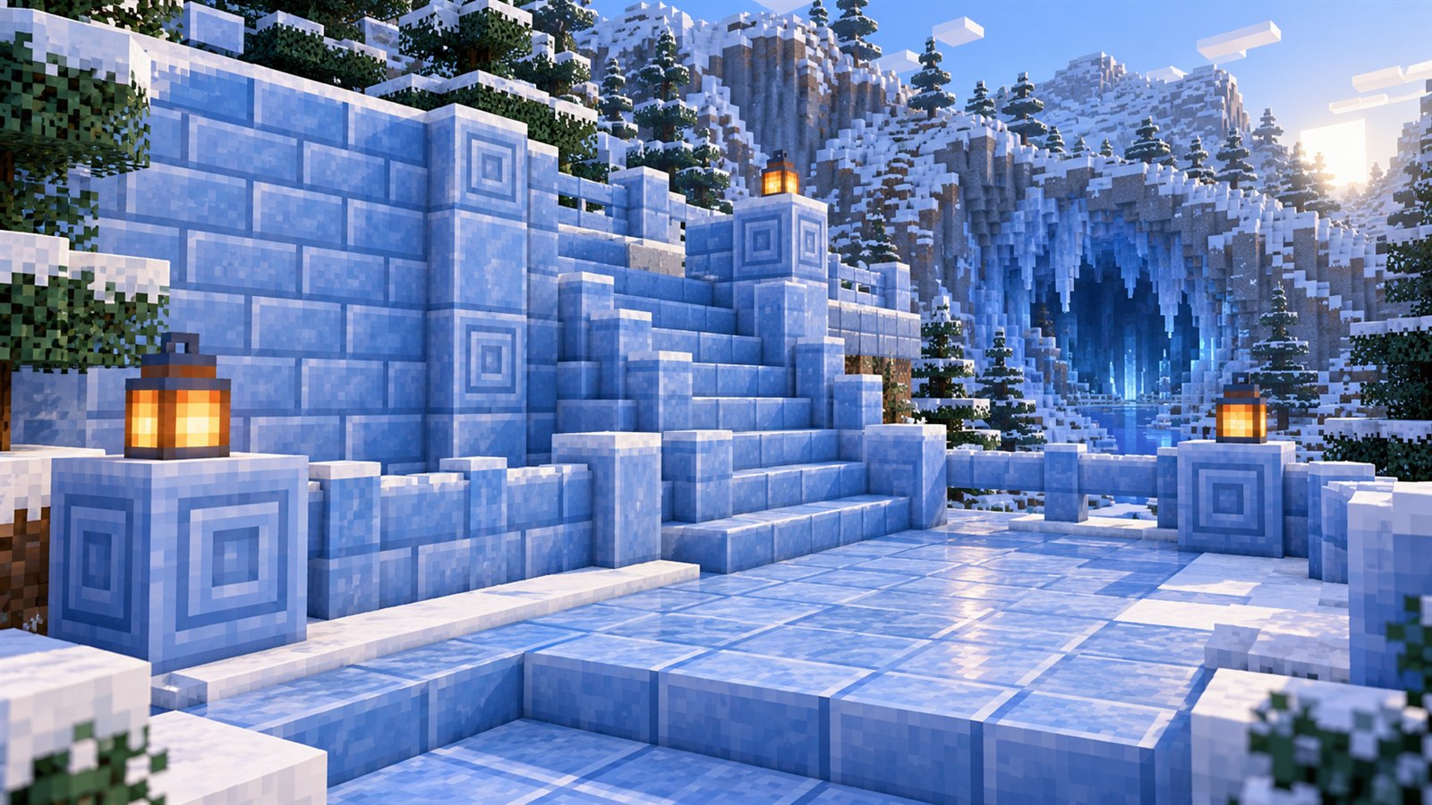 Minecraft courtyard displaying Packed Ice Brick walls, slabs, stairs, wall posts and chiseled accents