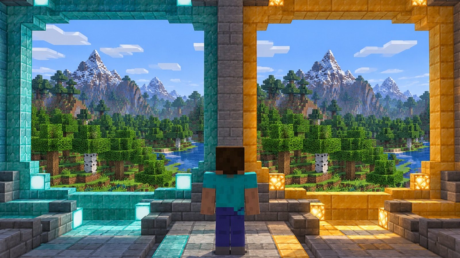 Minecraft-style split view comparing two rendering backends