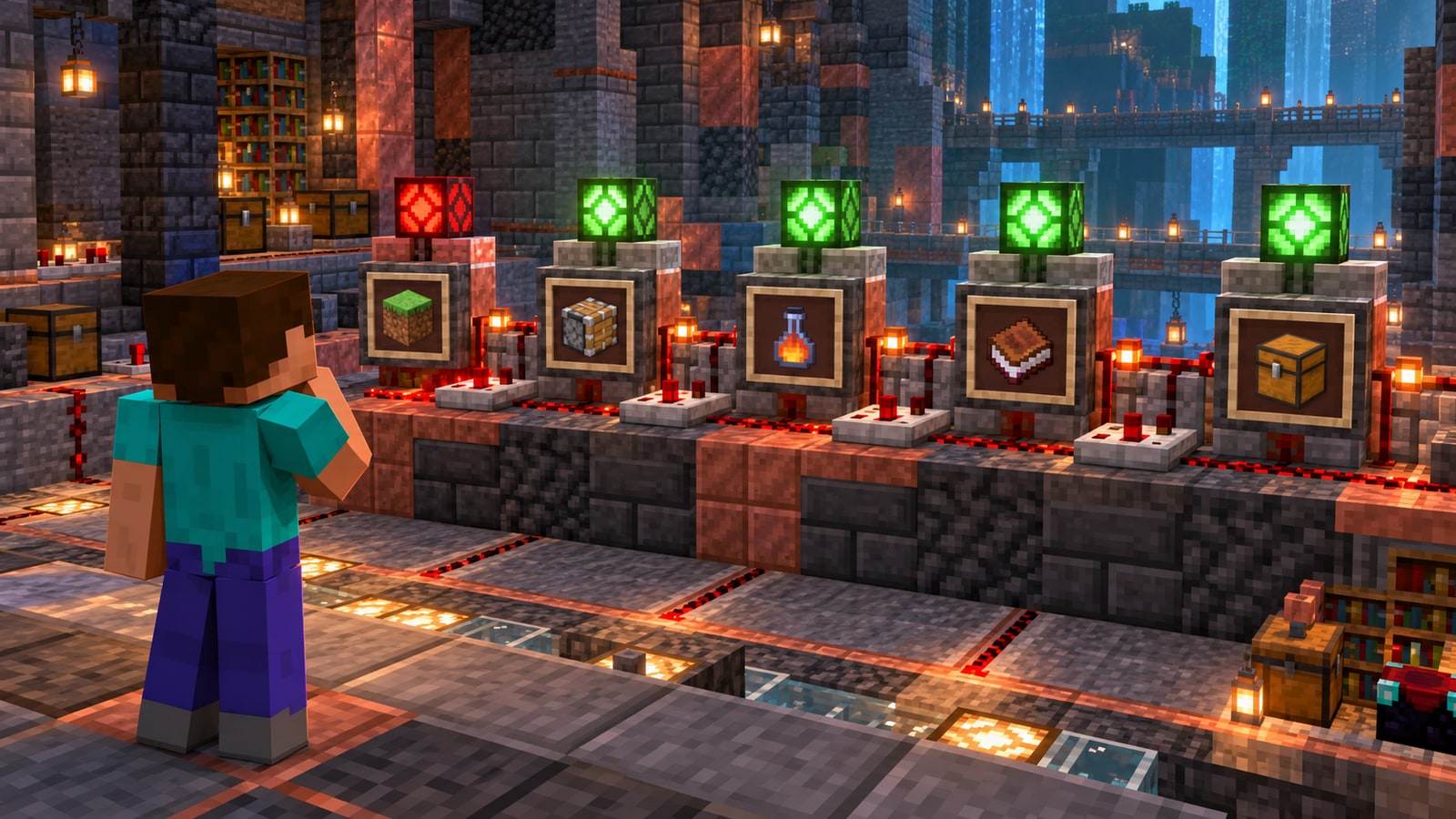 Minecraft-style player inspecting a block-built mod troubleshooting checklist