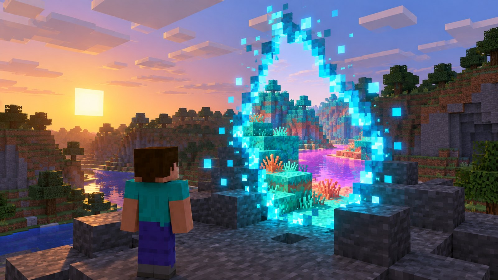 Original block-world illustration of a glowing blue rift opening onto a vivid alien landscape
