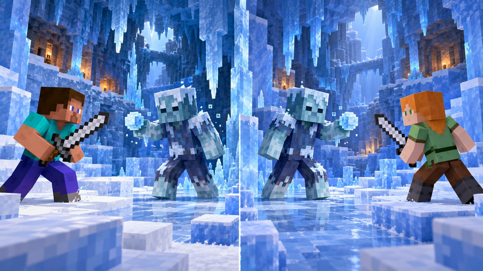 Minecraft-style Java and Bedrock players facing Frostbites in matching Ice Caves