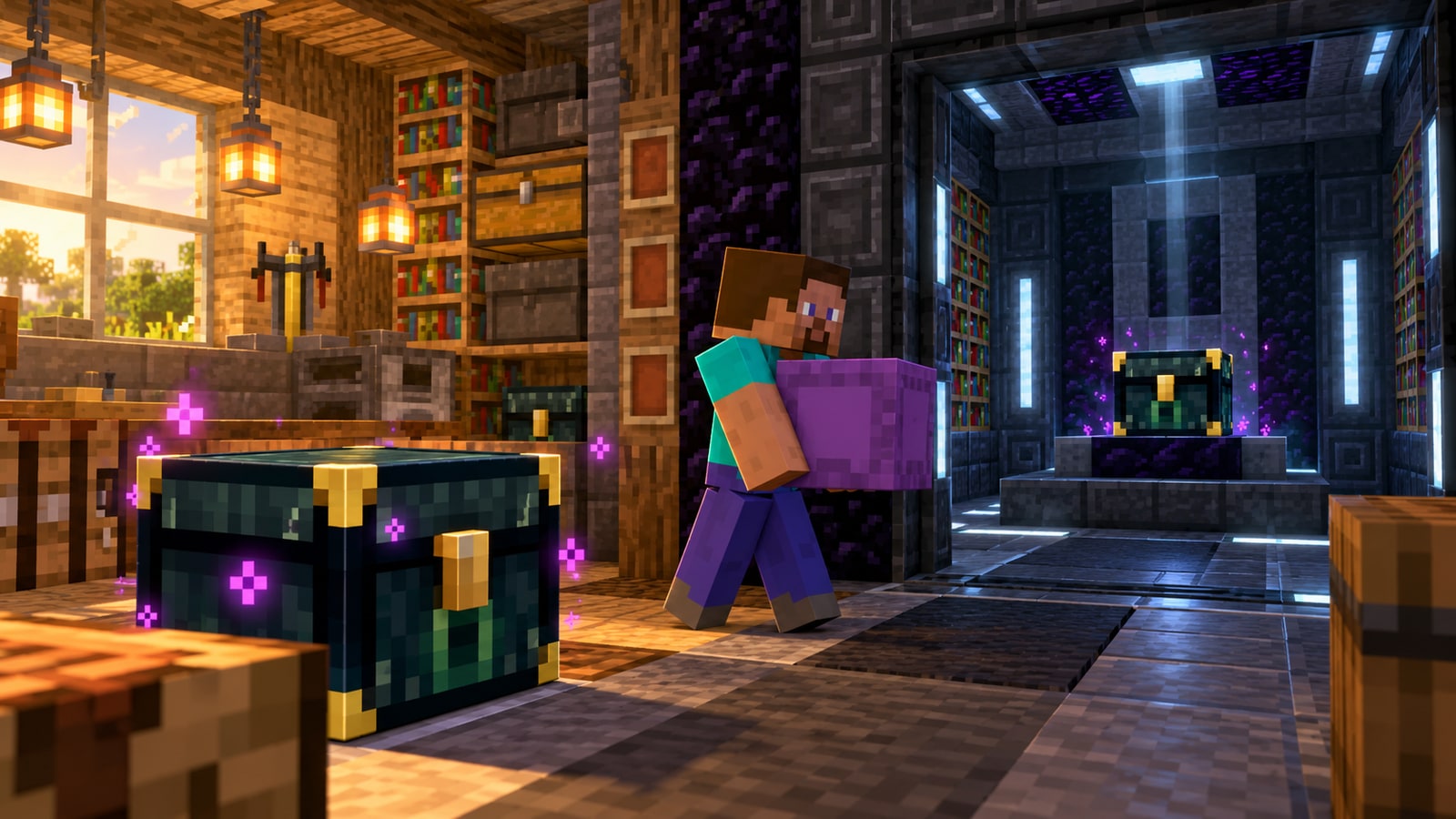 Minecraft-style player copying a modded world chest into a safe backup vault