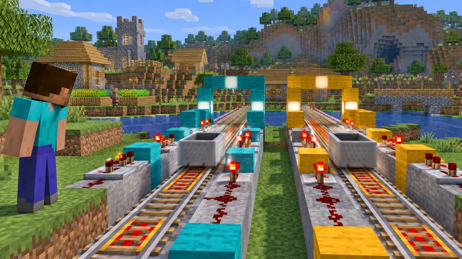 Minecraft-style parallel minecart performance test with two evenly matched tracks