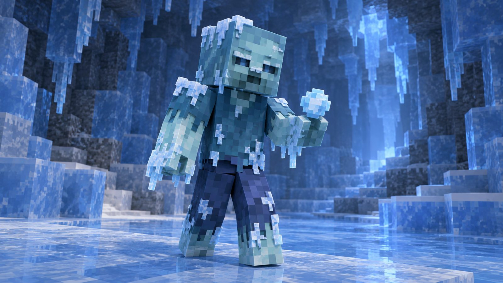 Minecraft-style Frostbite holding an Ice Ball in an icy cave