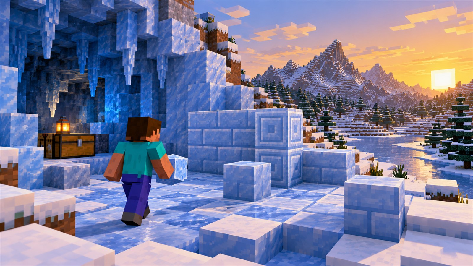 Minecraft player approaching Packed Ice Brick blocks in a snowy snapshot testing world