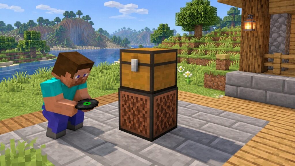 Minecraft-style player placing a Music Disc beside a single chest directly on a Jukebox