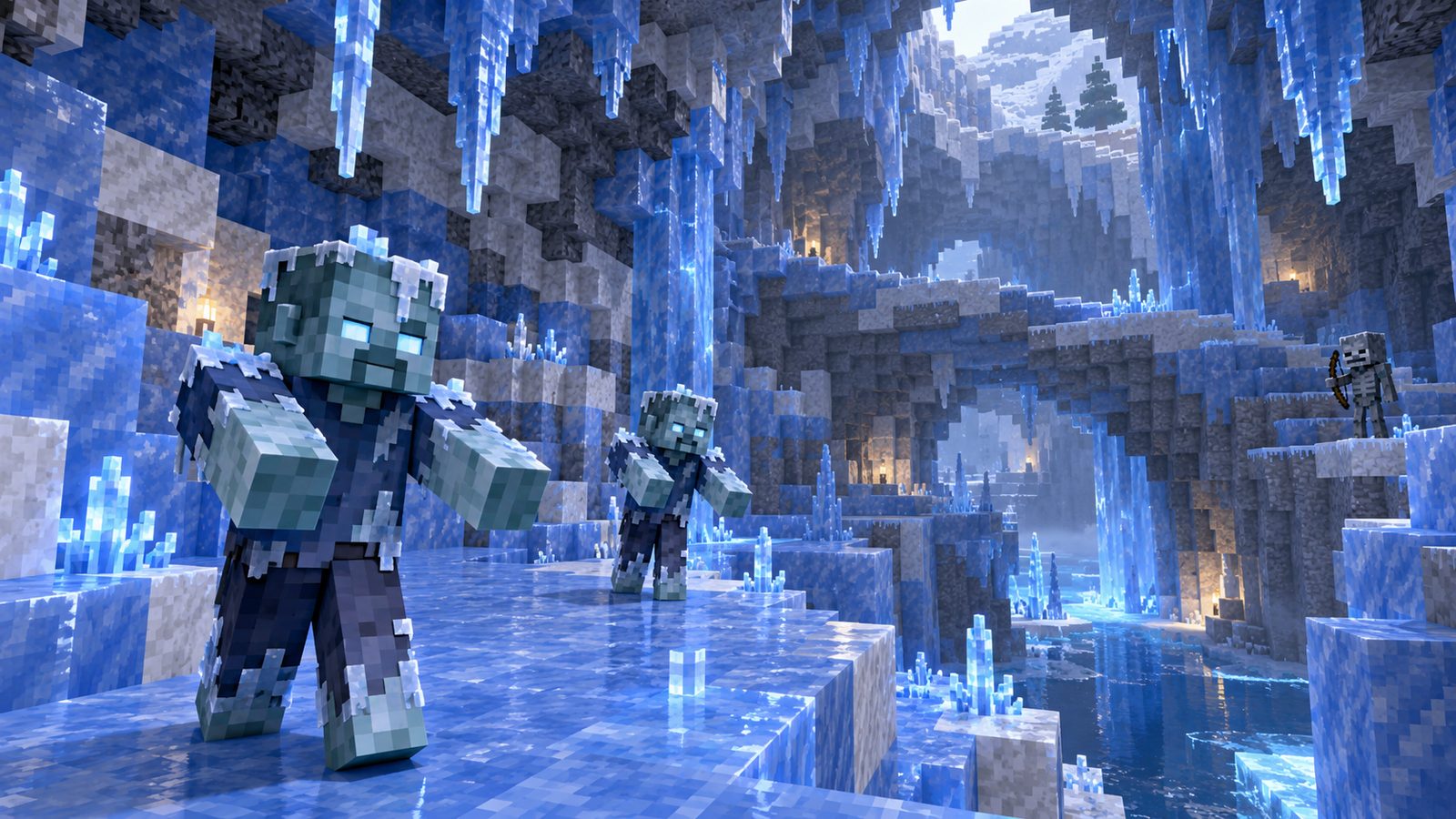 Minecraft-style Ice Cave with Frostbites, packed ice, calcite and ice crystals