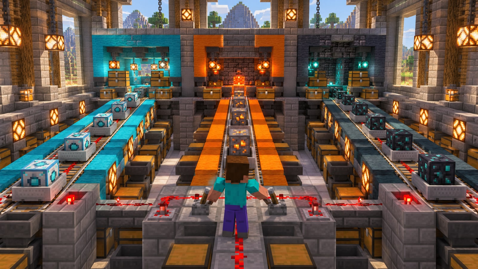 Minecraft-style sorting station separating three incompatible mod-loader paths