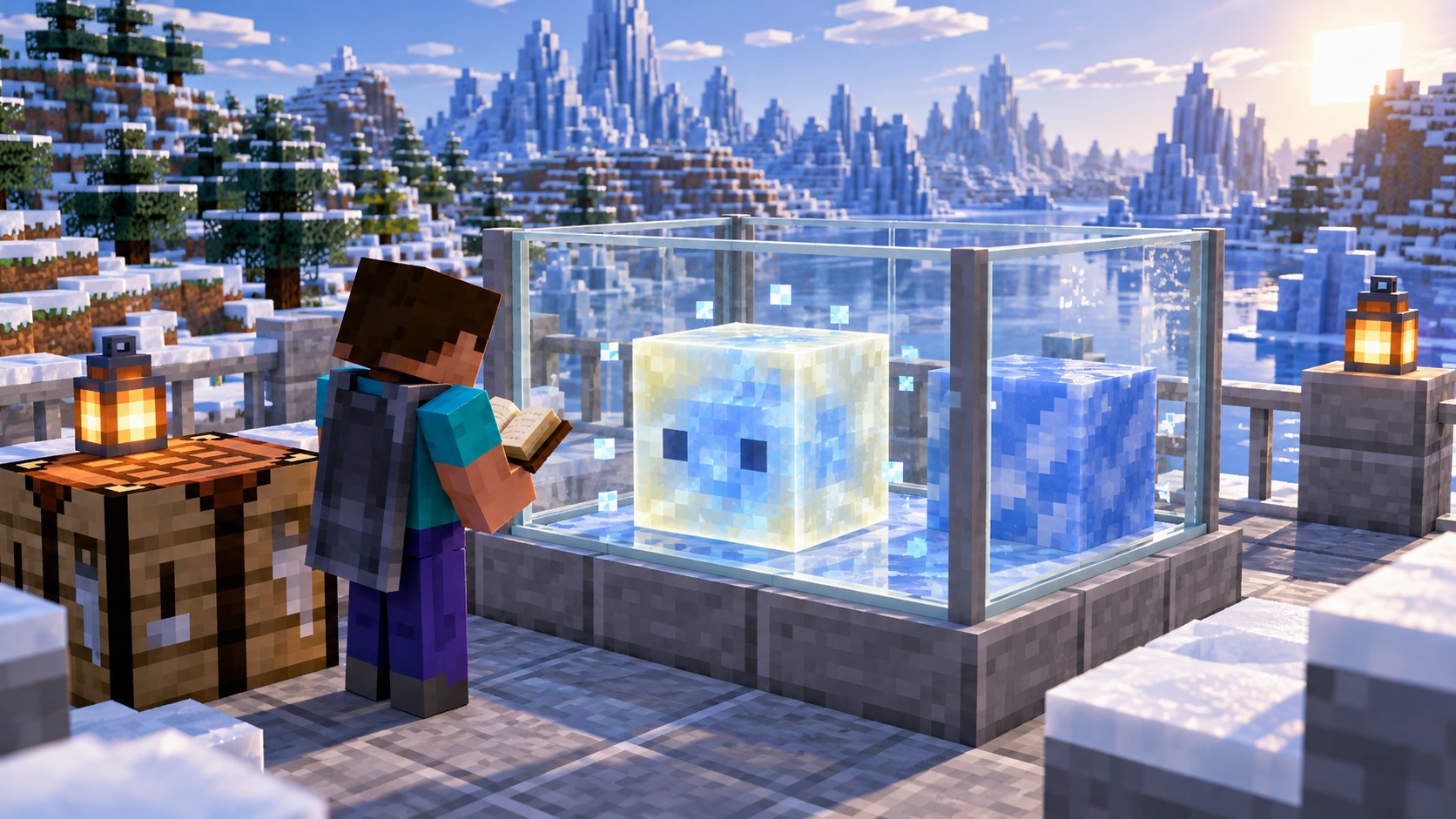 Minecraft-style Snapshot testing pen containing a Cold Sulfur Cube and Blue Ice