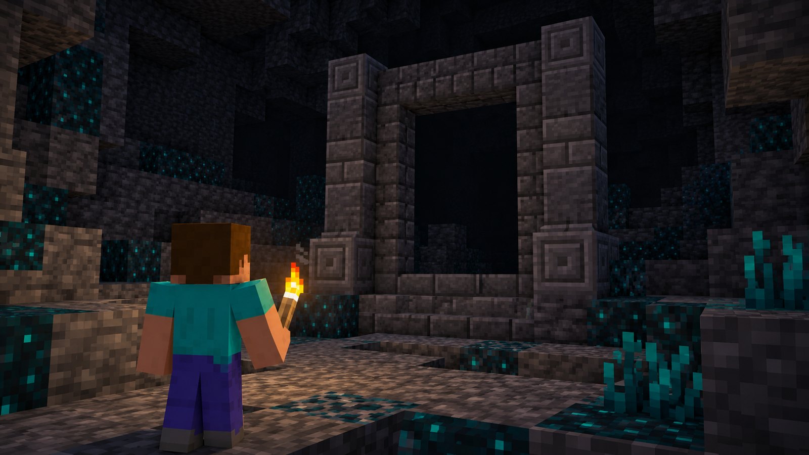 Original block-world illustration of an inactive underground stone frame examined by a torch-carrying explorer