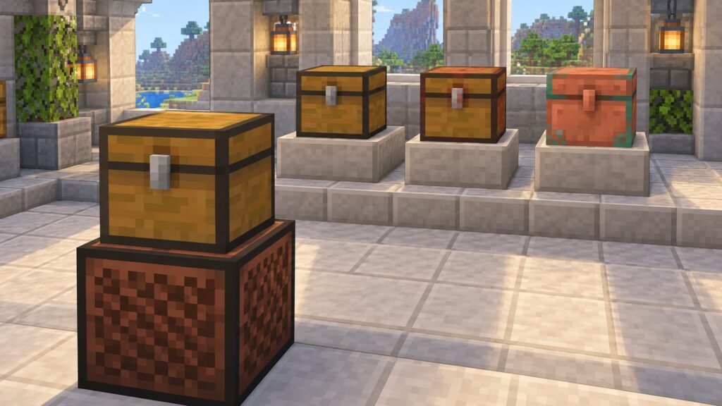 Minecraft-style regular, trapped and copper chests with a chest stacked on a Jukebox