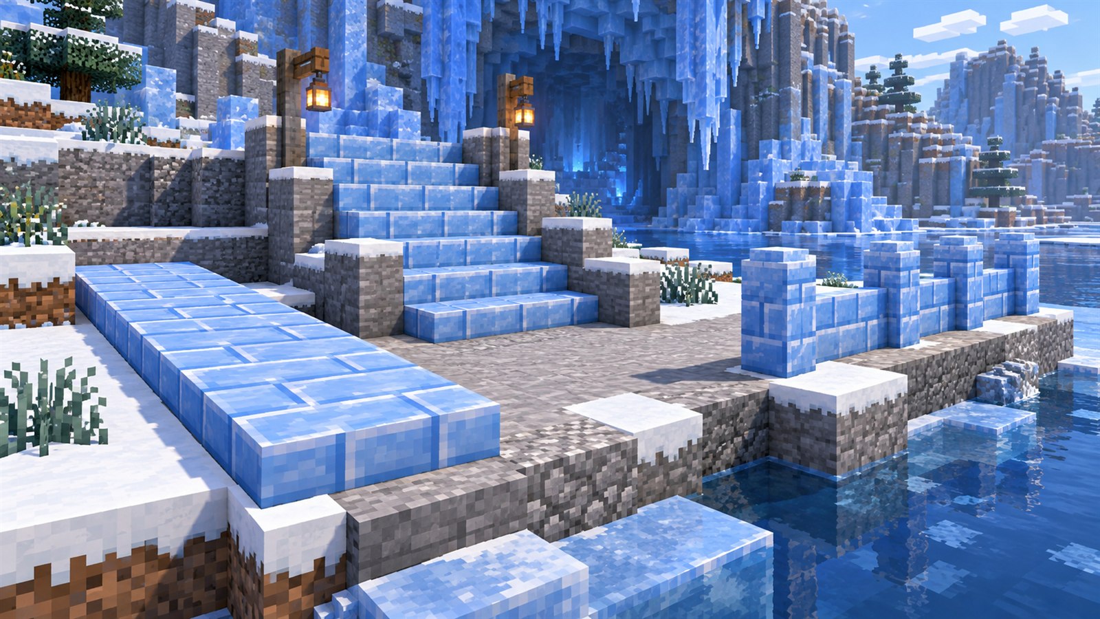 Packed Ice Brick slab path, stairway and wall railings beside a Minecraft ice cave